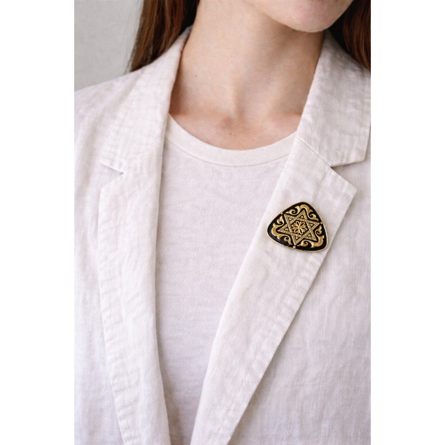 Vintage Gold Tone Star of David Style Brooch Black Enamel Hexagram Floral Statement Pin