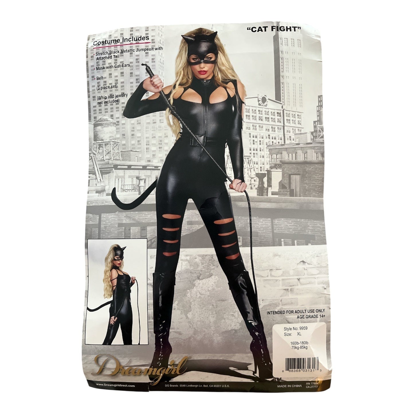 Dreamgirl “Cat Fight” Costume – Size XL – Black Metallic Jumpsuit with Tail – Whip & Bonus Mask – 2000s