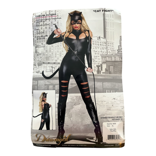Dreamgirl “Cat Fight” Costume – Size XL – Black Metallic Jumpsuit with Tail – Whip & Bonus Mask – 2000s