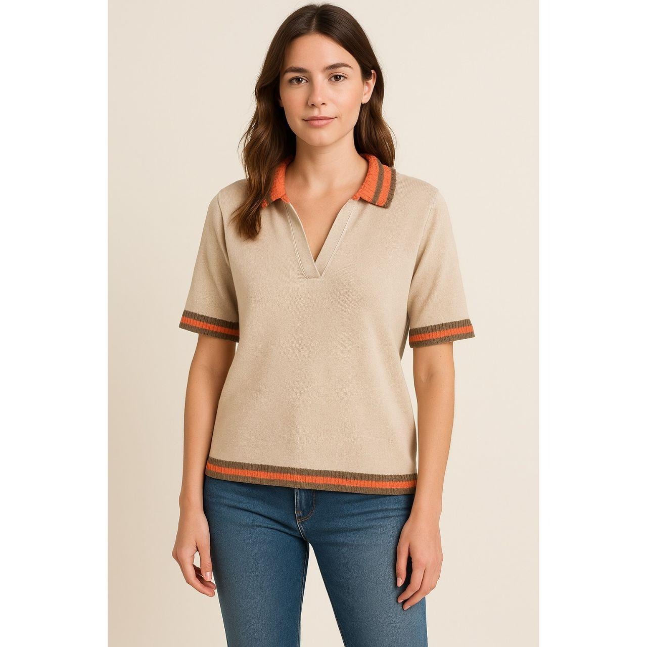 Lisa Todd Knit Polo Top – Beige with Orange Trim – Women’s Size L