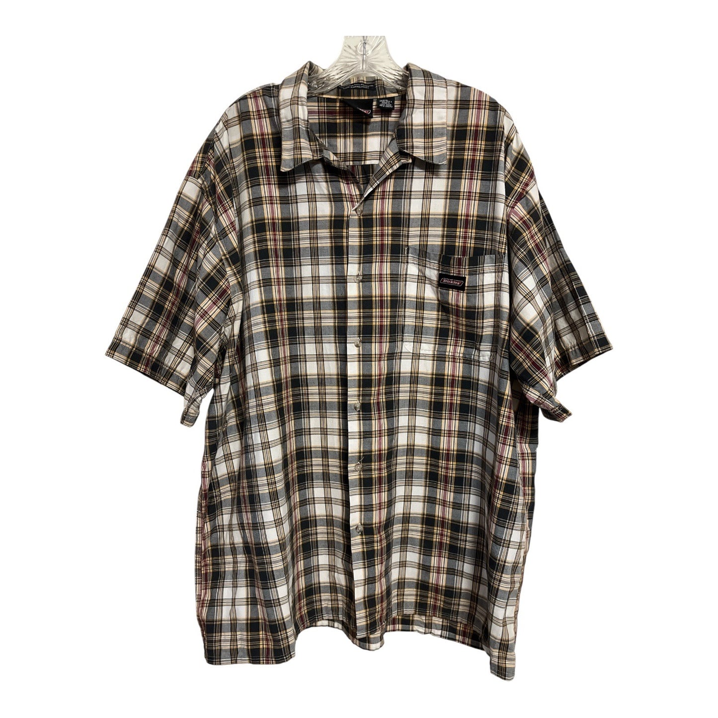 Dickies Men's Plaid Short Sleeve Button Front Shirt 2XL Gray Burgundy Work Casual
