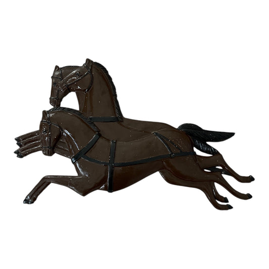 Vintage Cast Iron Wall Hanging – Leaping Three-Horse Team – Brown with Black Harness