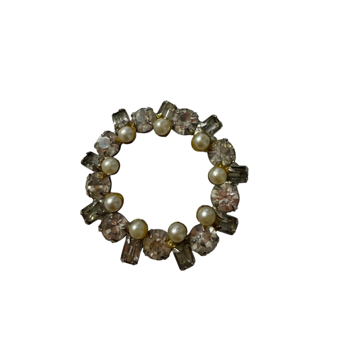 Vintage 1950s 60s Rhinestone Faux Pearl Wreath Brooch Baguette Circle Pin 1.5"