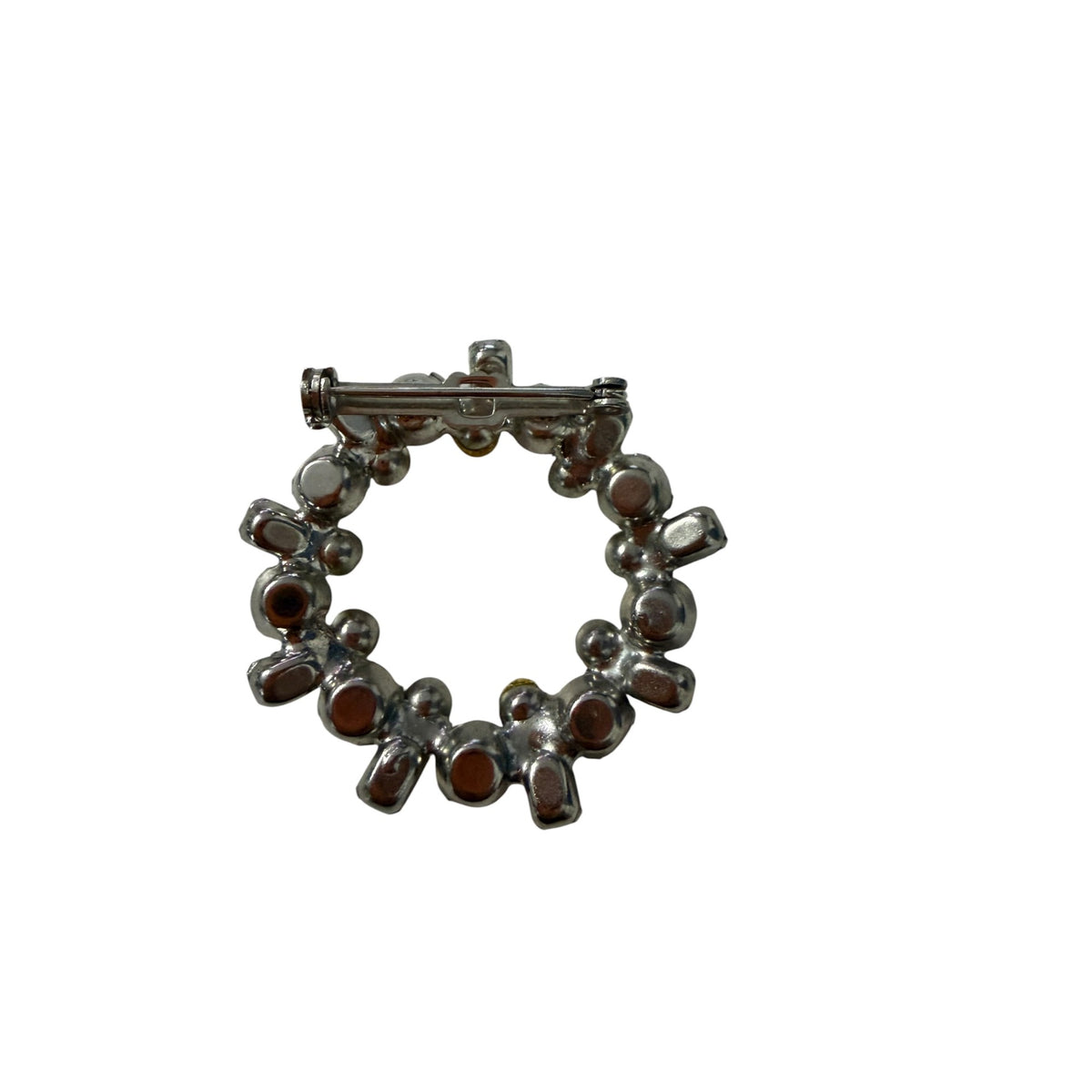 Vintage 1950s 60s Rhinestone Faux Pearl Wreath Brooch Baguette Circle Pin 1.5"