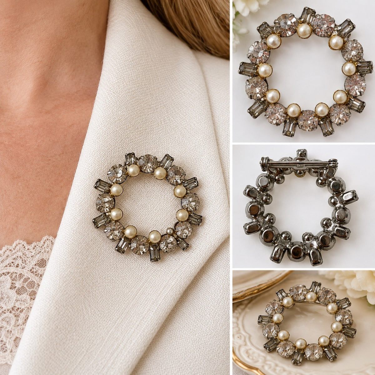 Vintage 1950s 60s Rhinestone Faux Pearl Wreath Brooch Baguette Circle Pin 1.5"