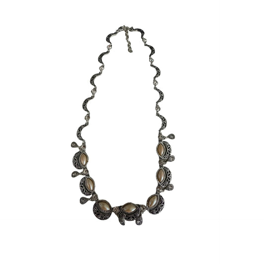 Vintage Silver Tone Faux Pearl Marcasite Style Statement Necklace 14" Adjustable