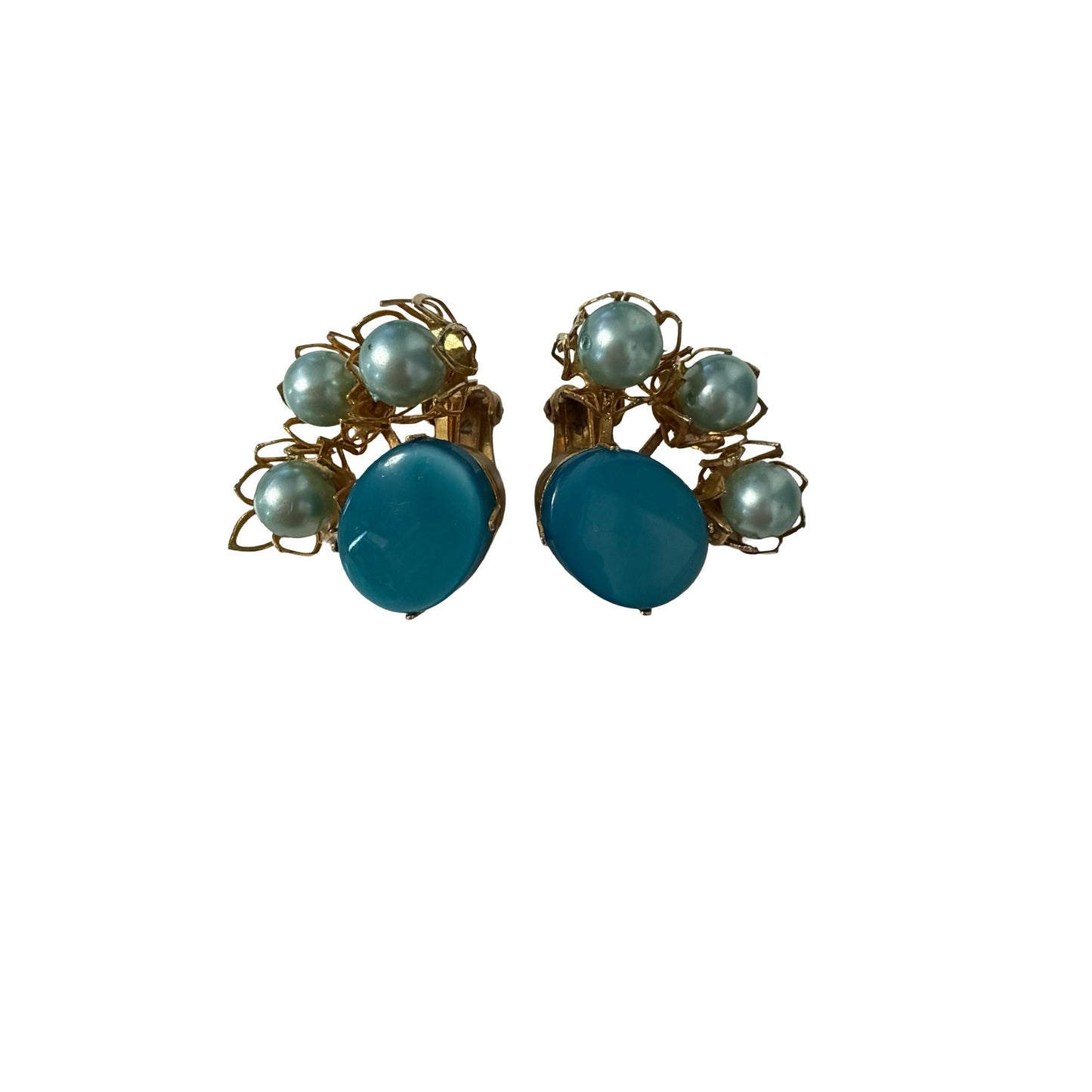 Vintage Blue Cabochon Faux Pearl Cluster Clip On Earrings Gold Tone Mid Century