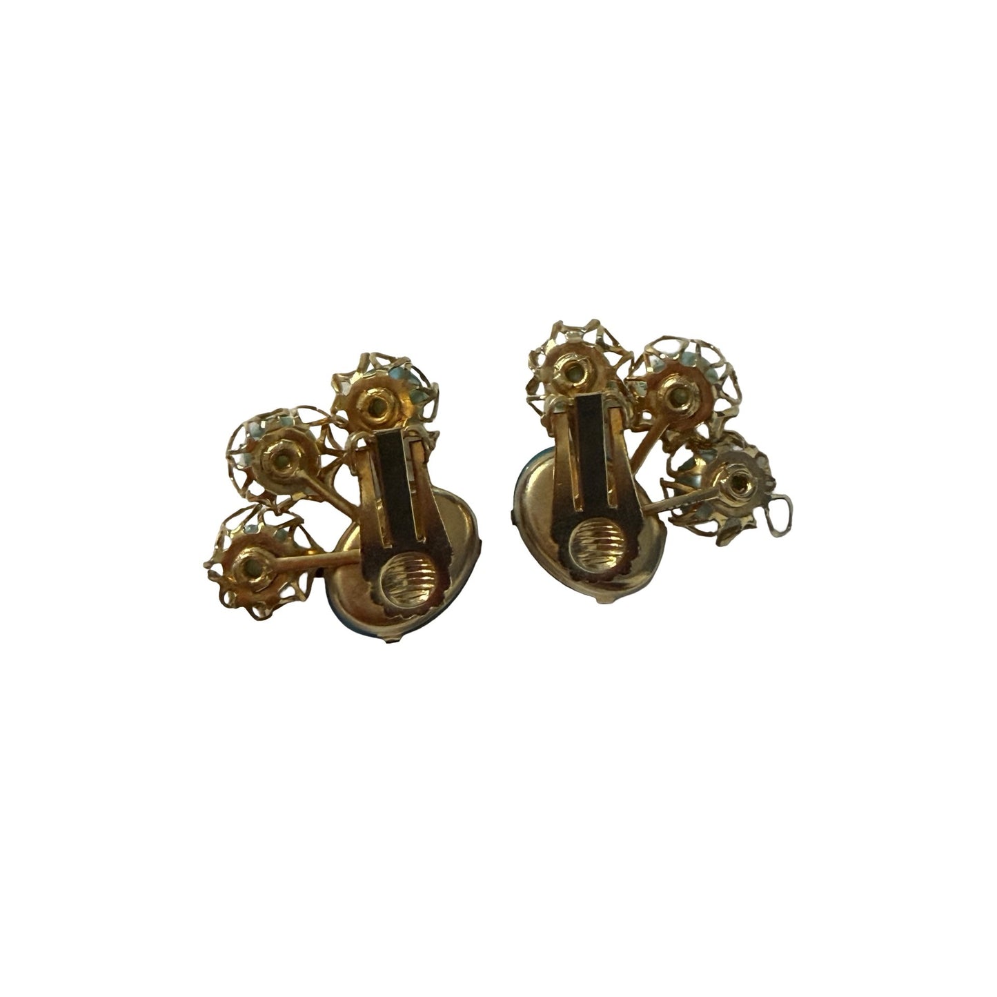 Vintage Blue Cabochon Faux Pearl Cluster Clip On Earrings Gold Tone Mid Century