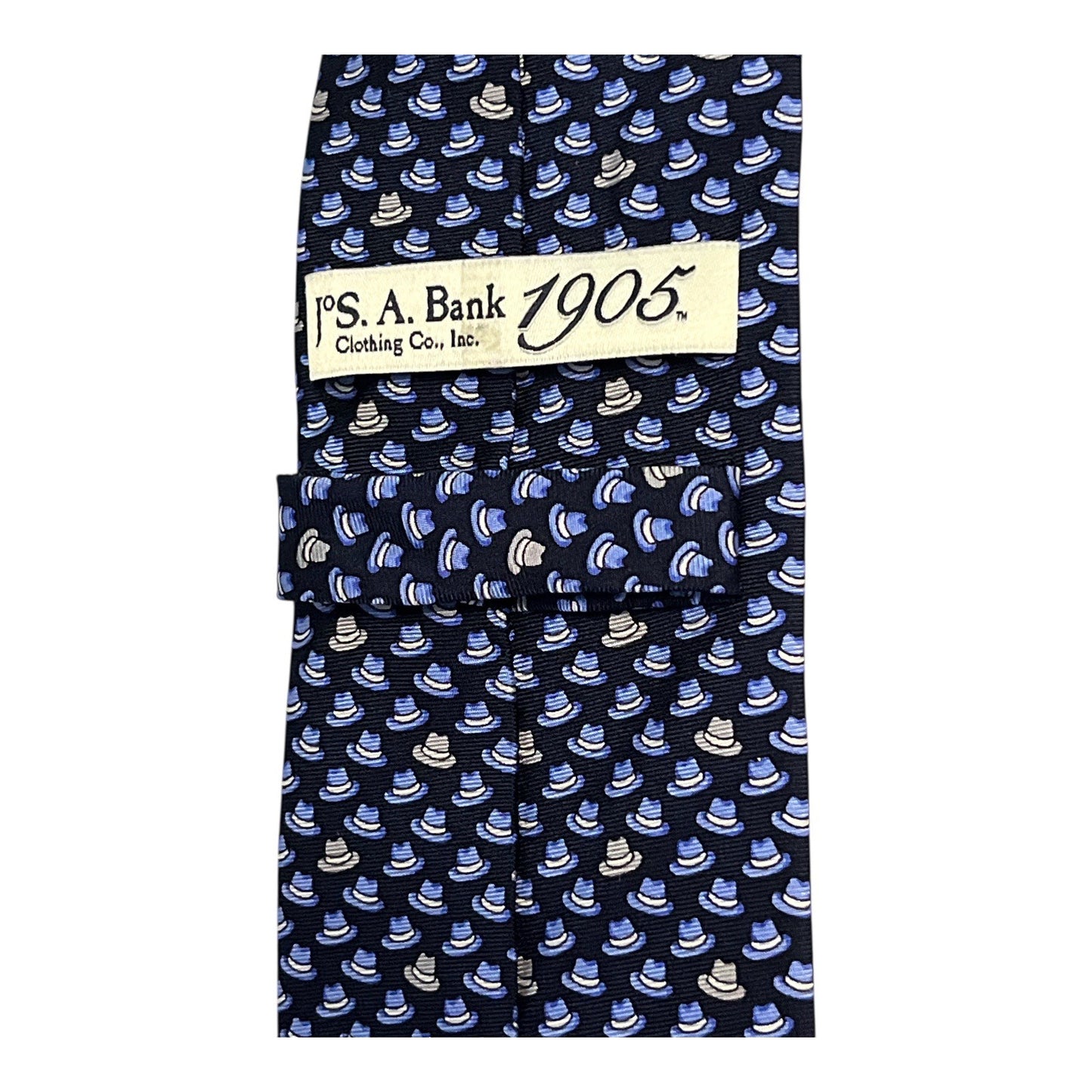 JOS. A. Bank 1905 Silk Tie – Navy Blue Fedora Hat Pattern – Classic Men's Necktie – 100% Silk – Vintage Style Office Wear – 57"