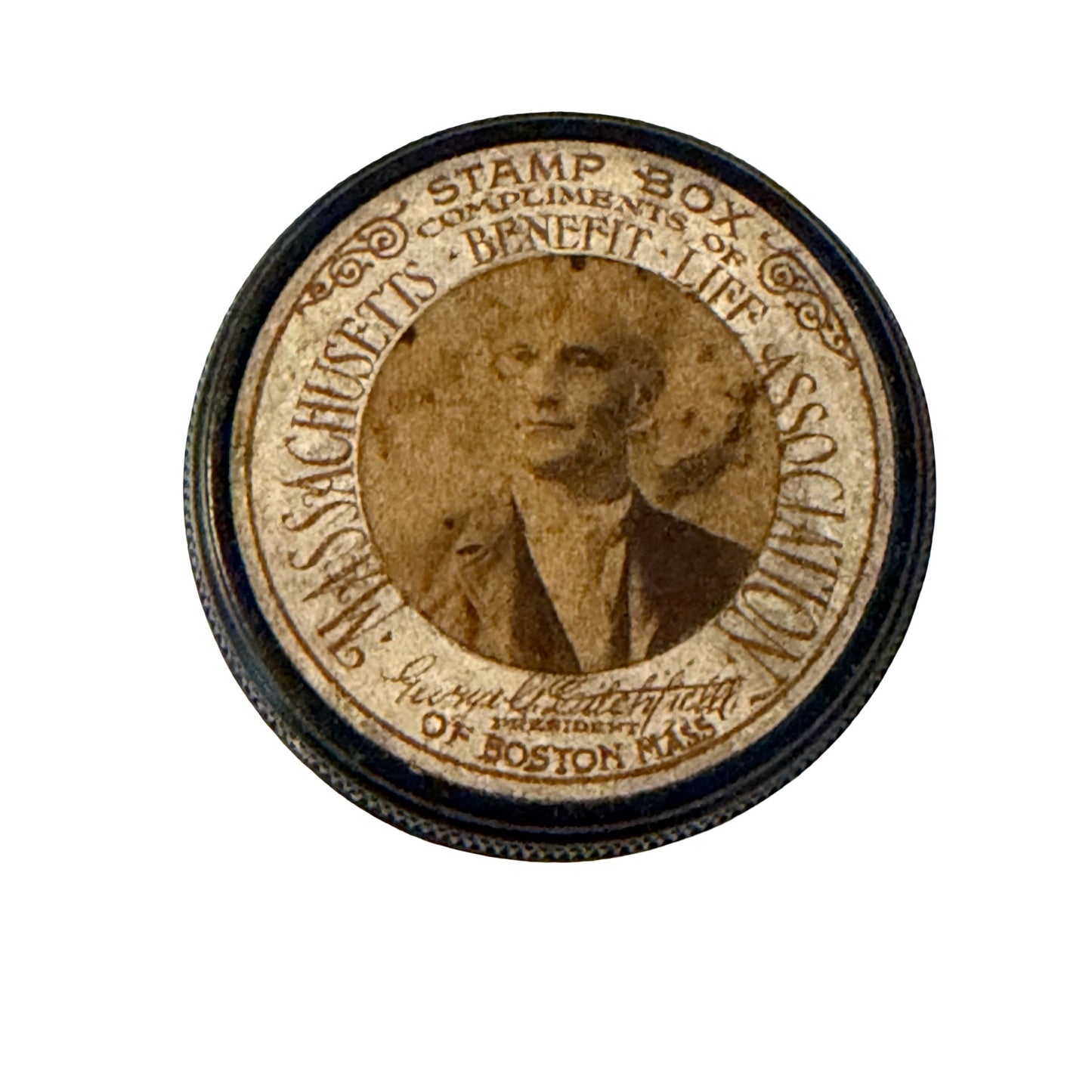 1896 G.M. Cushman Stamp Box Benefit Life Association Boston MA Calendar Pocket Stamp Holder