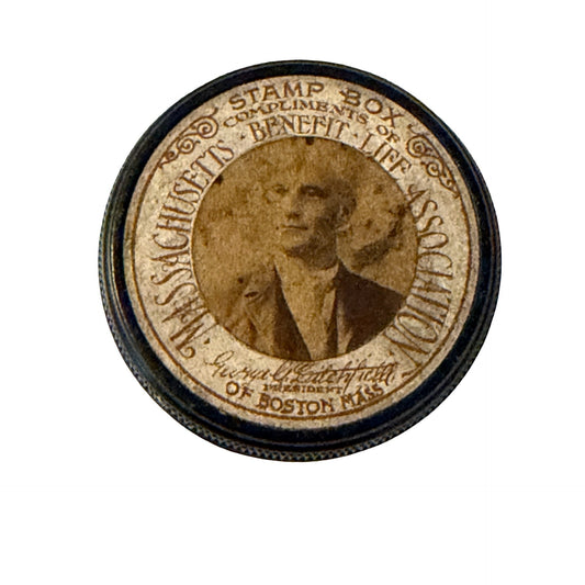 1896 G.M. Cushman Stamp Box Benefit Life Association Boston MA Calendar Pocket Stamp Holder