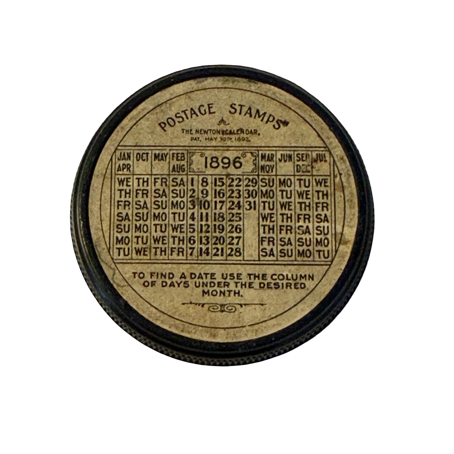 1896 G.M. Cushman Stamp Box Benefit Life Association Boston MA Calendar Pocket Stamp Holder