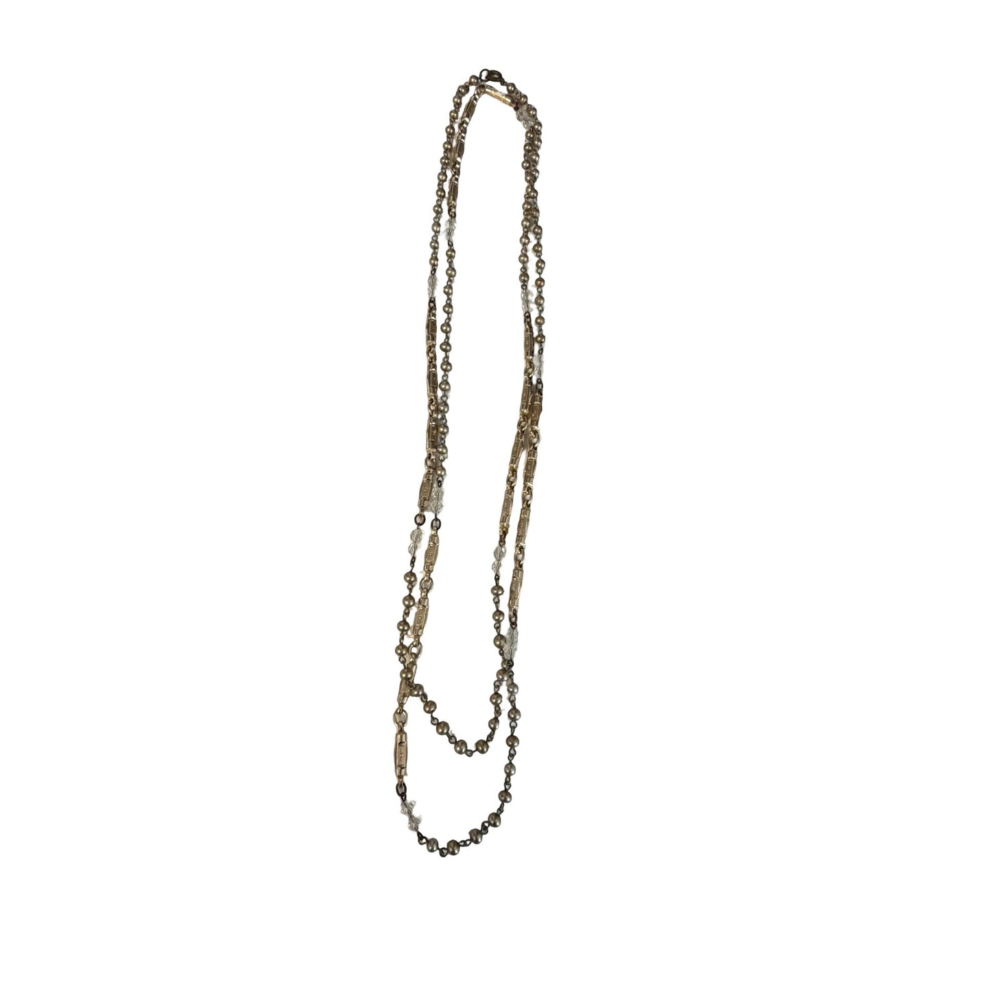 Vintage Long Layered Beaded Necklace 58” Gold Tone Faux Pearl Clear Beads Boho Statement