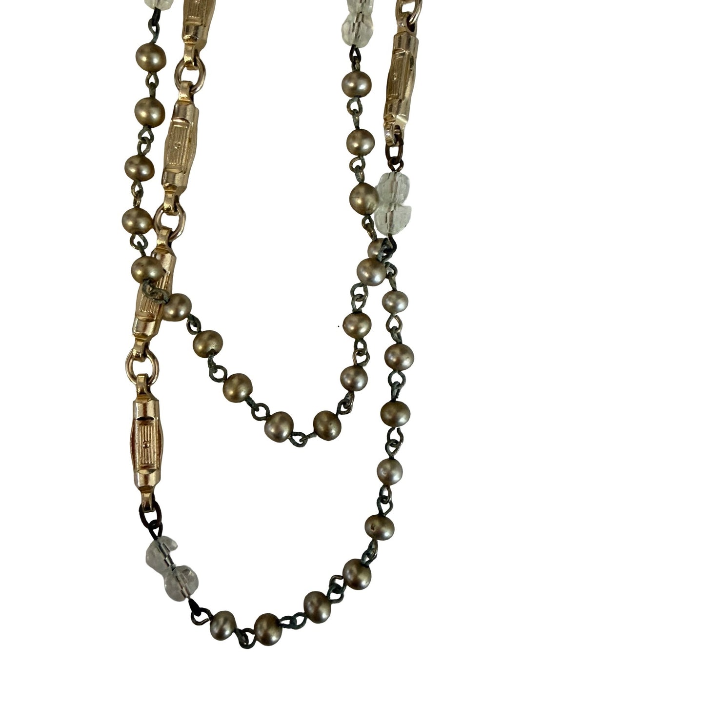 Vintage Long Layered Beaded Necklace 58” Gold Tone Faux Pearl Clear Beads Boho Statement