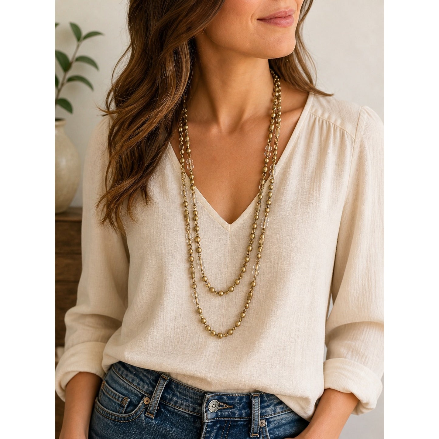 Vintage Long Layered Beaded Necklace 58” Gold Tone Faux Pearl Clear Beads Boho Statement