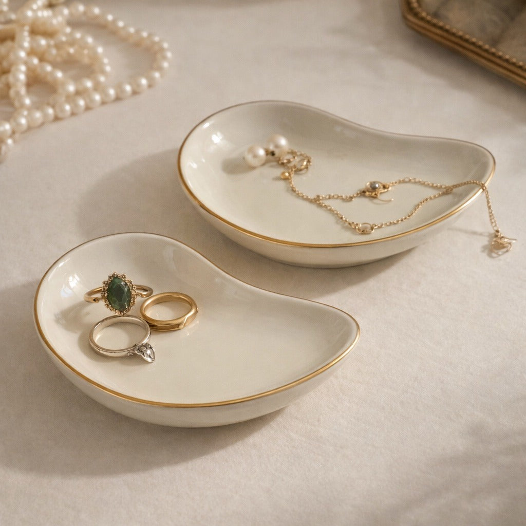 Vintage Ben Rickert Japan Porcelain Kidney Shaped Trinket Dishes Set Gold Rim