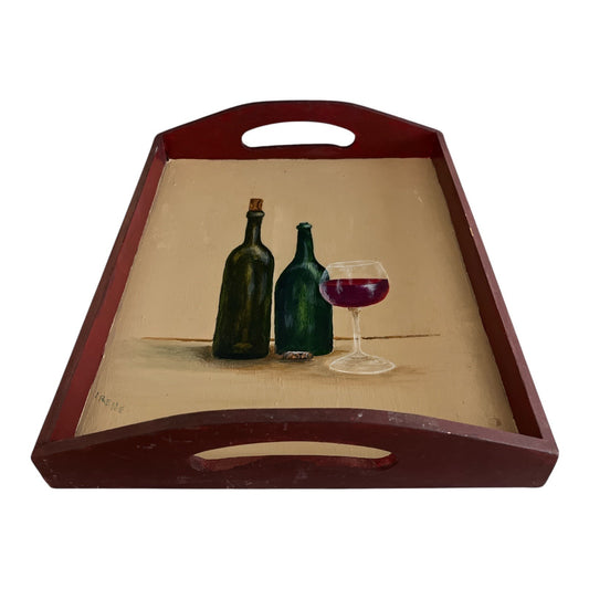 Vintage Hand-Painted Wooden Serving Tray – Wine Bottle & Glass Still Life – Signed Irene – 1980s/1990s