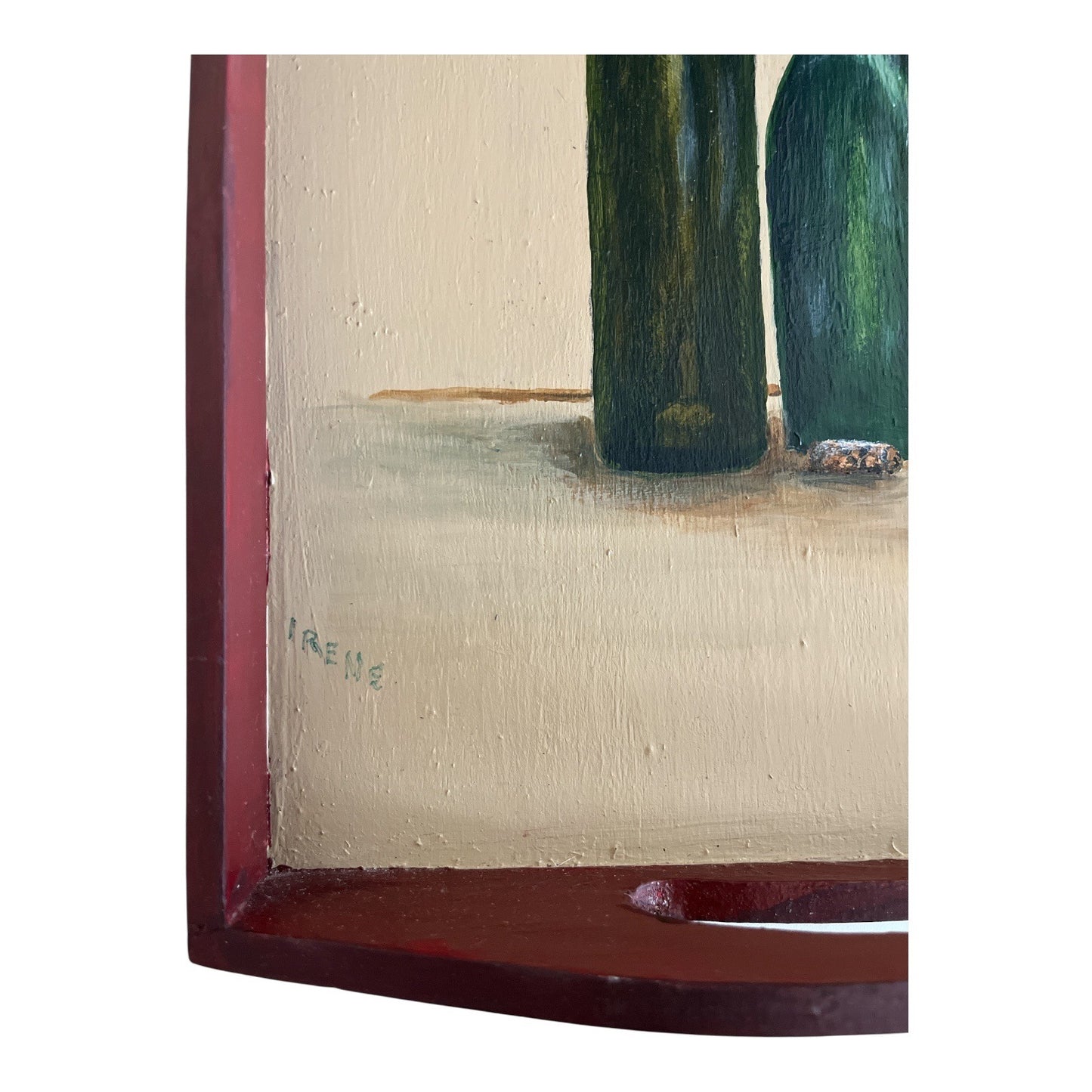 Vintage Hand-Painted Wooden Serving Tray – Wine Bottle & Glass Still Life – Signed Irene – 1980s/1990s