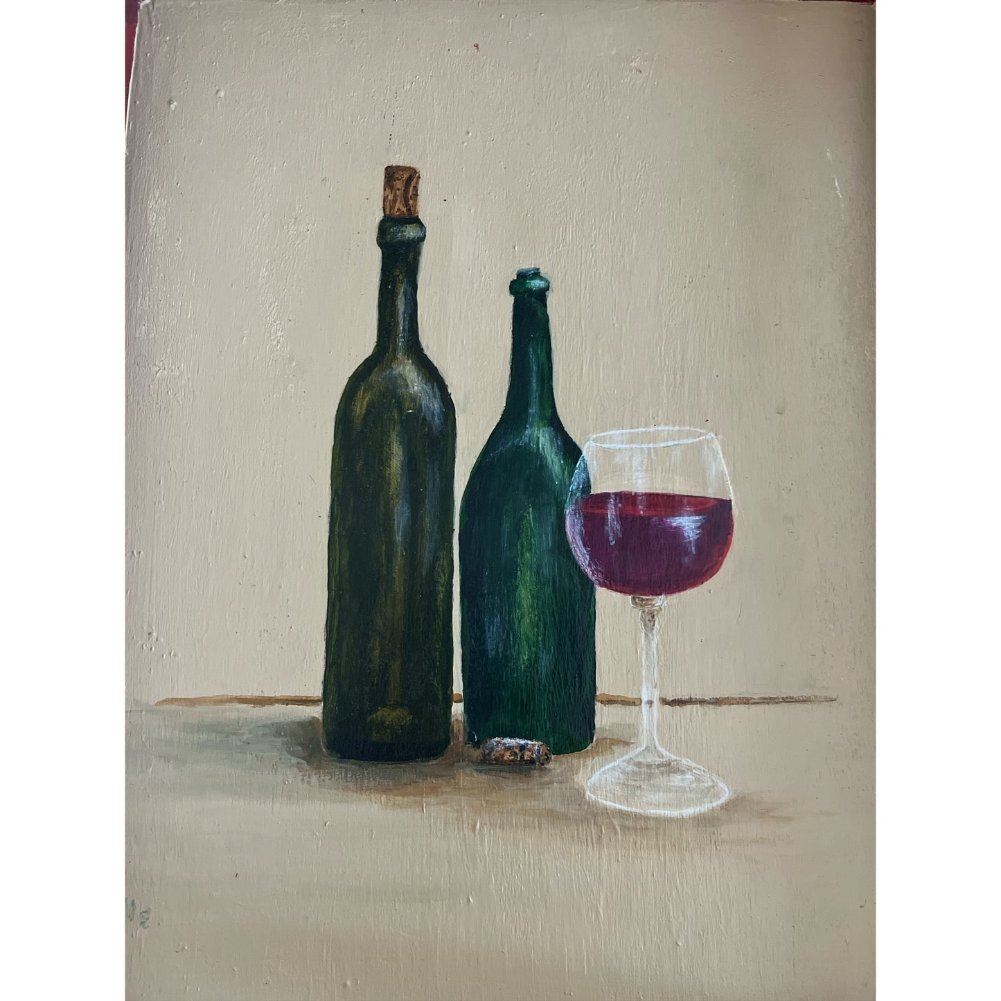 Vintage Hand-Painted Wooden Serving Tray – Wine Bottle & Glass Still Life – Signed Irene – 1980s/1990s
