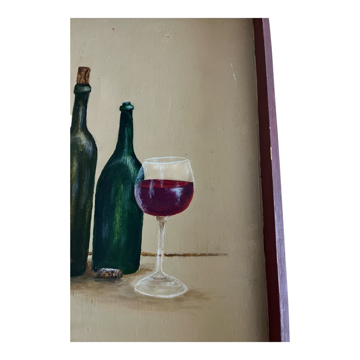 Vintage Hand-Painted Wooden Serving Tray – Wine Bottle & Glass Still Life – Signed Irene – 1980s/1990s