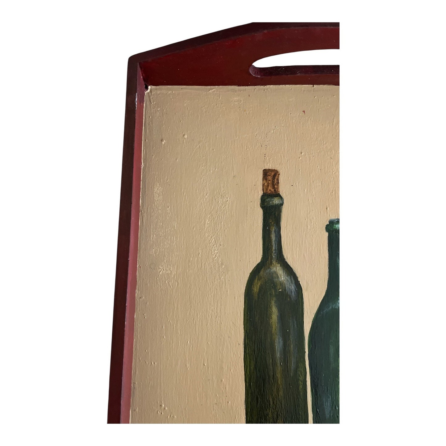 Vintage Hand-Painted Wooden Serving Tray – Wine Bottle & Glass Still Life – Signed Irene – 1980s/1990s