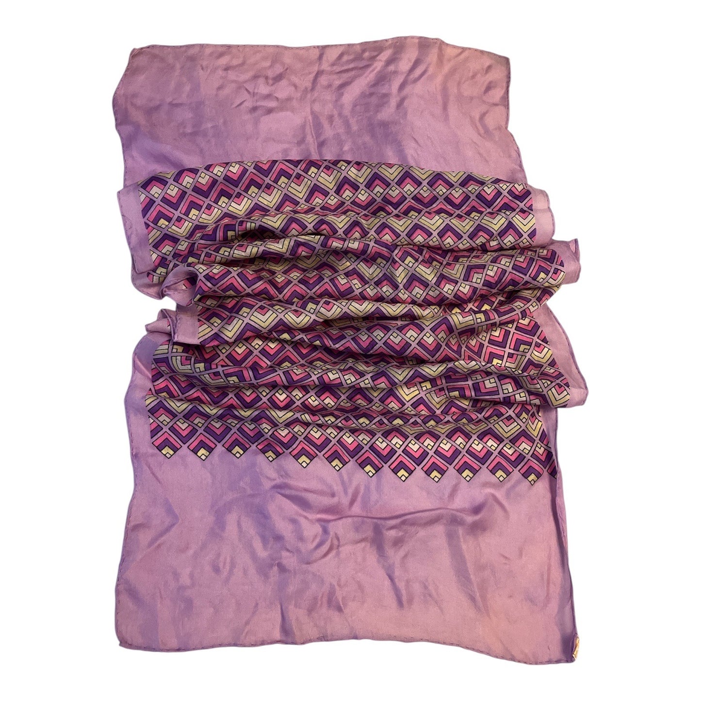 Vintage Glentex 100% Silk Scarf – Purple & Pink Geometric Print – Hand Rolled Hem – Made in Japan – 42 x 15