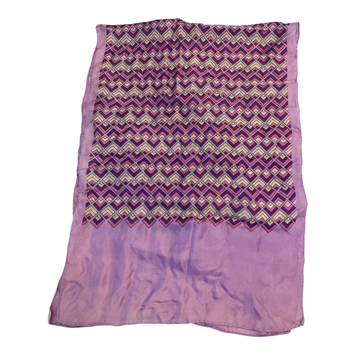 Vintage Glentex 100% Silk Scarf – Purple & Pink Geometric Print – Hand Rolled Hem – Made in Japan – 42 x 15
