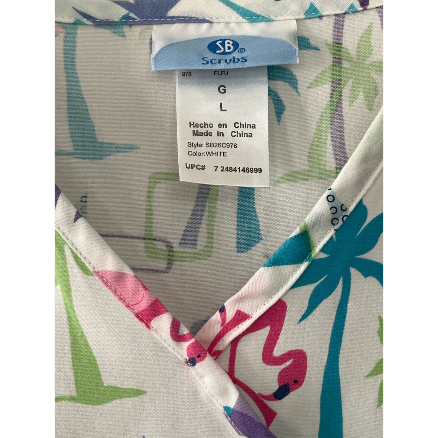 SB Scrubs Flamingo Palm Tree Print Wrap Scrub Top White Size L