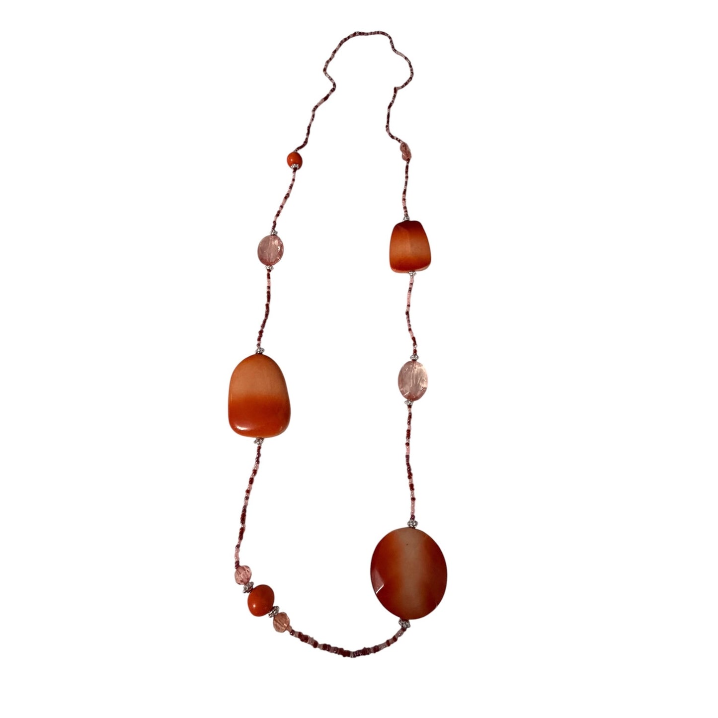 Vintage 38 Inch Carnelian Style Statement Beaded Necklace Frosted Orange Acrylic Pink Glass