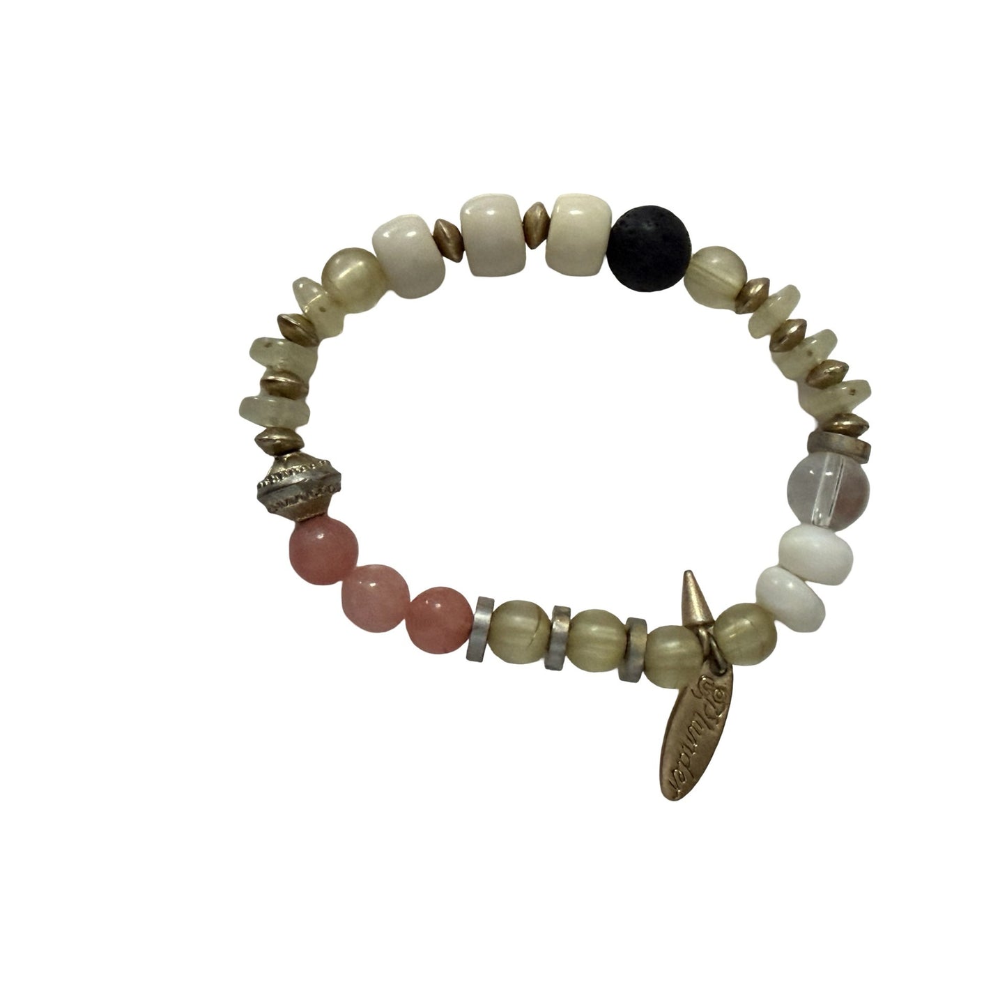 Plunder Designs Boho Mixed Bead Stretch Bracelet Pink Cream Olive Gold Tone