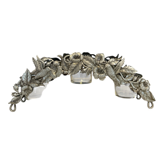 Vintage Spoontiques Hummingbird & Floral Candle Holder Centerpiece – Triple Votive Glass Holder – Pewter-Look Nature Decor
