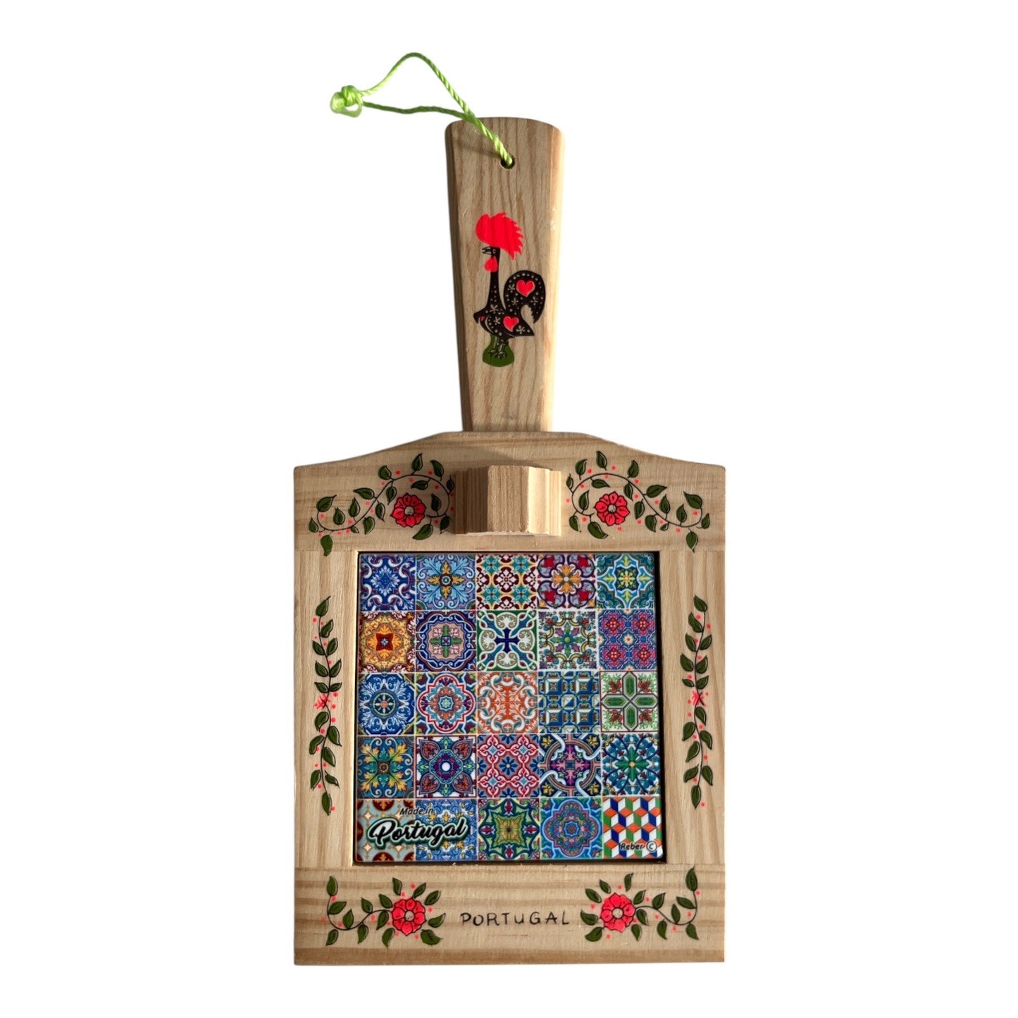 Portugal Wood Tile Art Souvenir Wall Hanging Rooster Floral Design 11.5x6