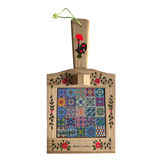 Portugal Wood Tile Art Souvenir Wall Hanging Rooster Floral Design 11.5x6