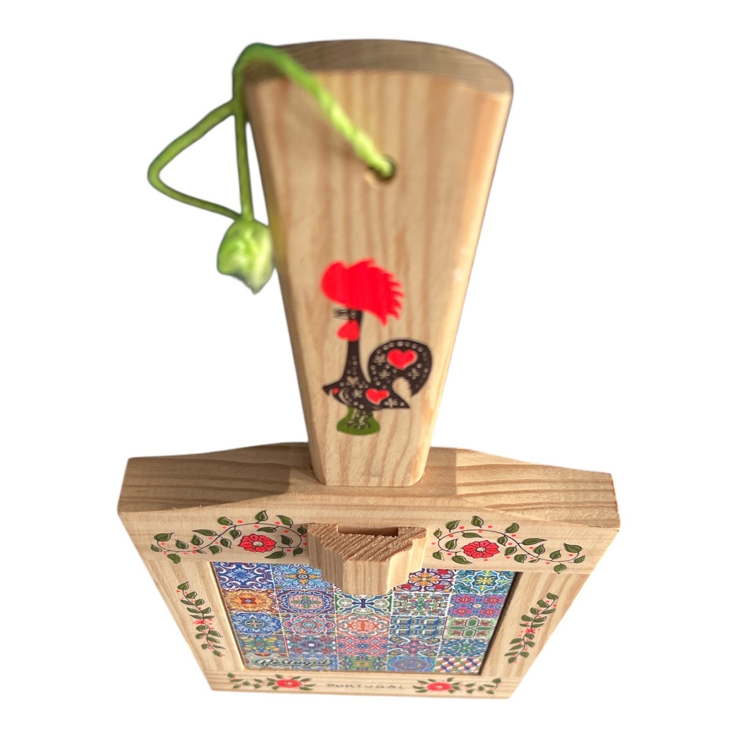 Portugal Wood Tile Art Souvenir Wall Hanging Rooster Floral Design 11.5x6