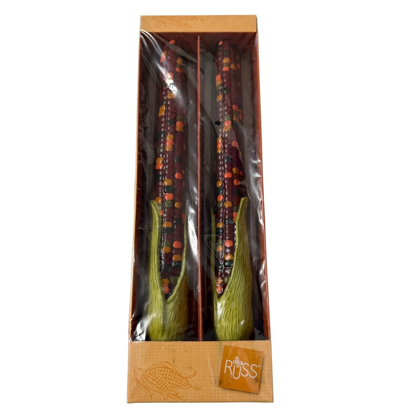 Russ Home Style Indian Corn Candle Pair Fall Harvest Thanksgiving Decor New in Box