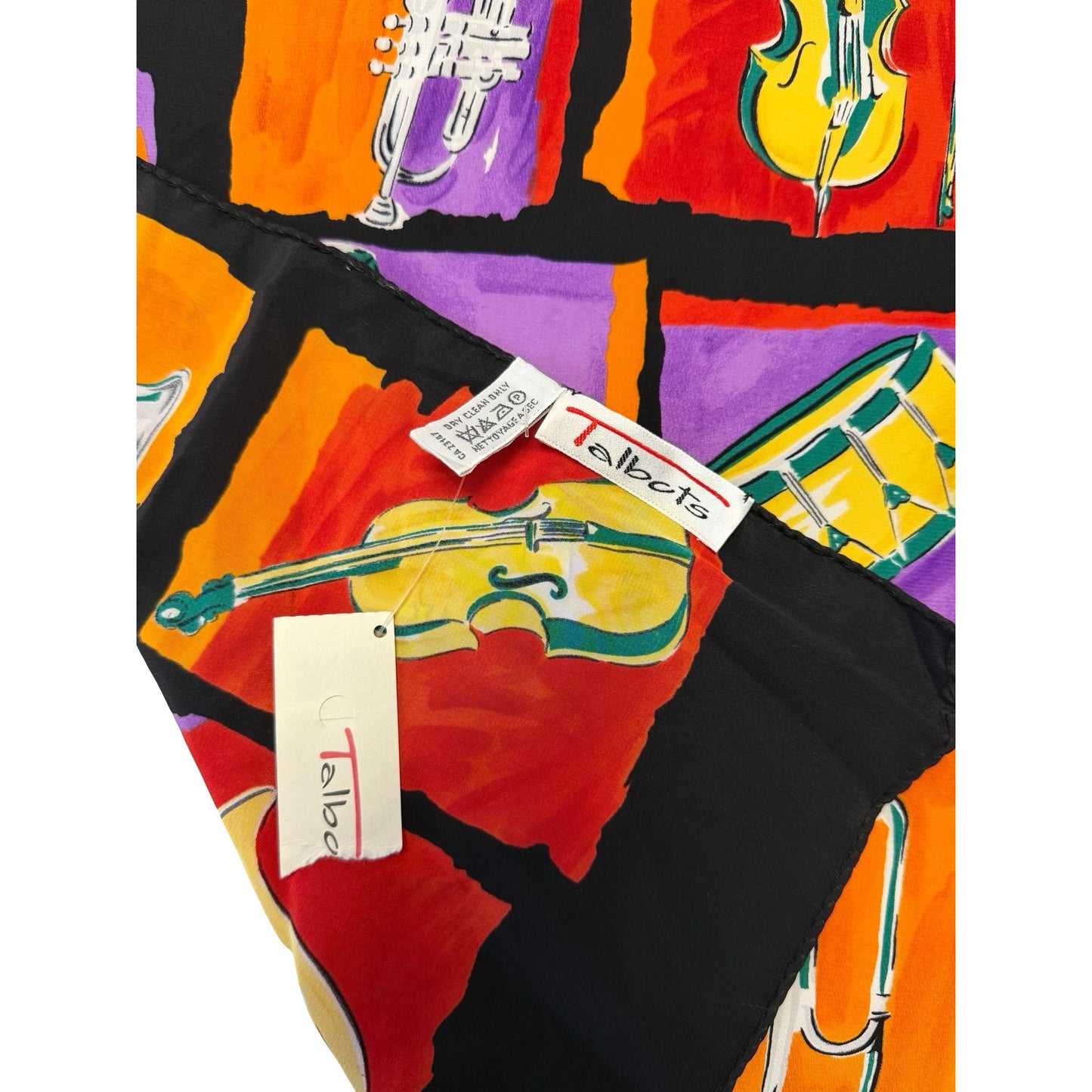 Talbots Musical Instruments Silk Oblong Scarf 58x13 Violin Trumpet Drum Horn