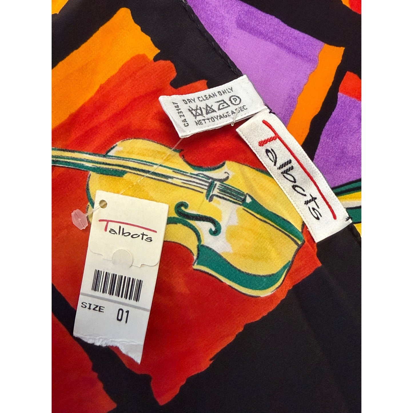 Talbots Musical Instruments Silk Oblong Scarf 58x13 Violin Trumpet Drum Horn