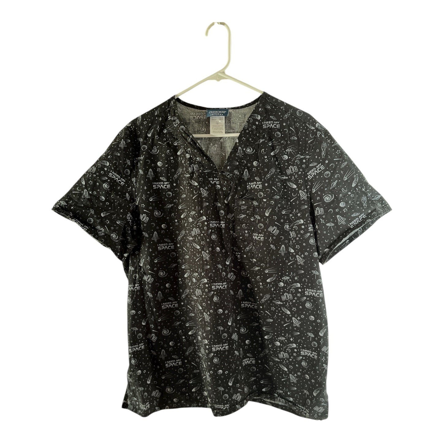 Cherokee Medical Uniforms Women’s Scrub Top Size L – “I Need My Space” Black Galaxy Print