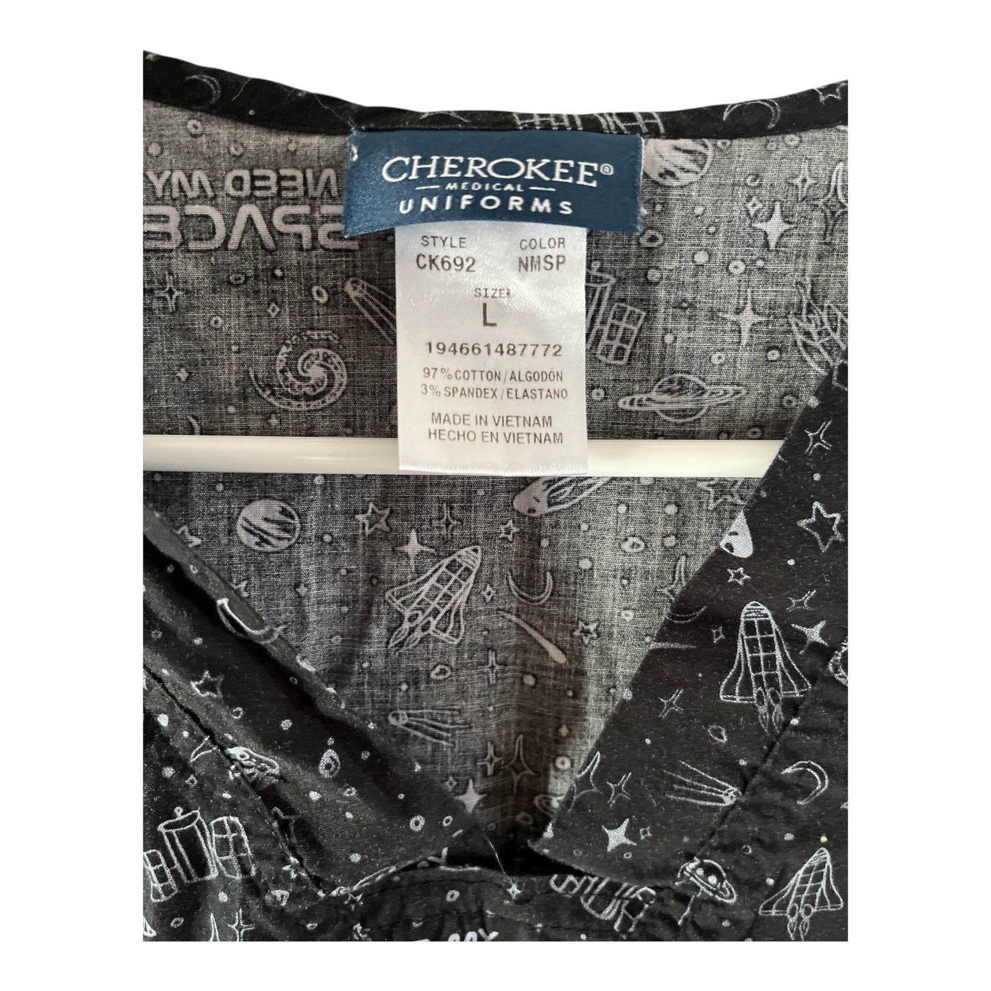 Cherokee Medical Uniforms Women’s Scrub Top Size L – “I Need My Space” Black Galaxy Print