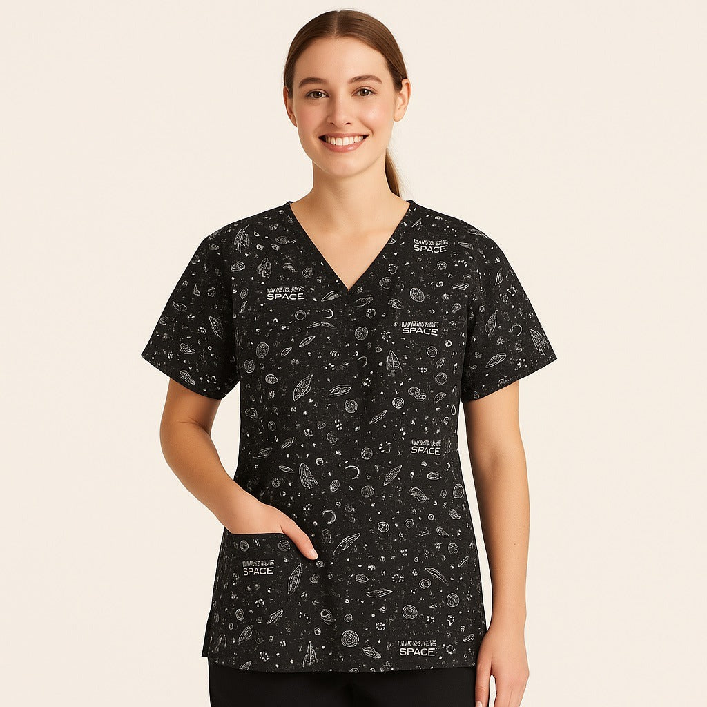 Cherokee Medical Uniforms Women’s Scrub Top Size L – “I Need My Space” Black Galaxy Print