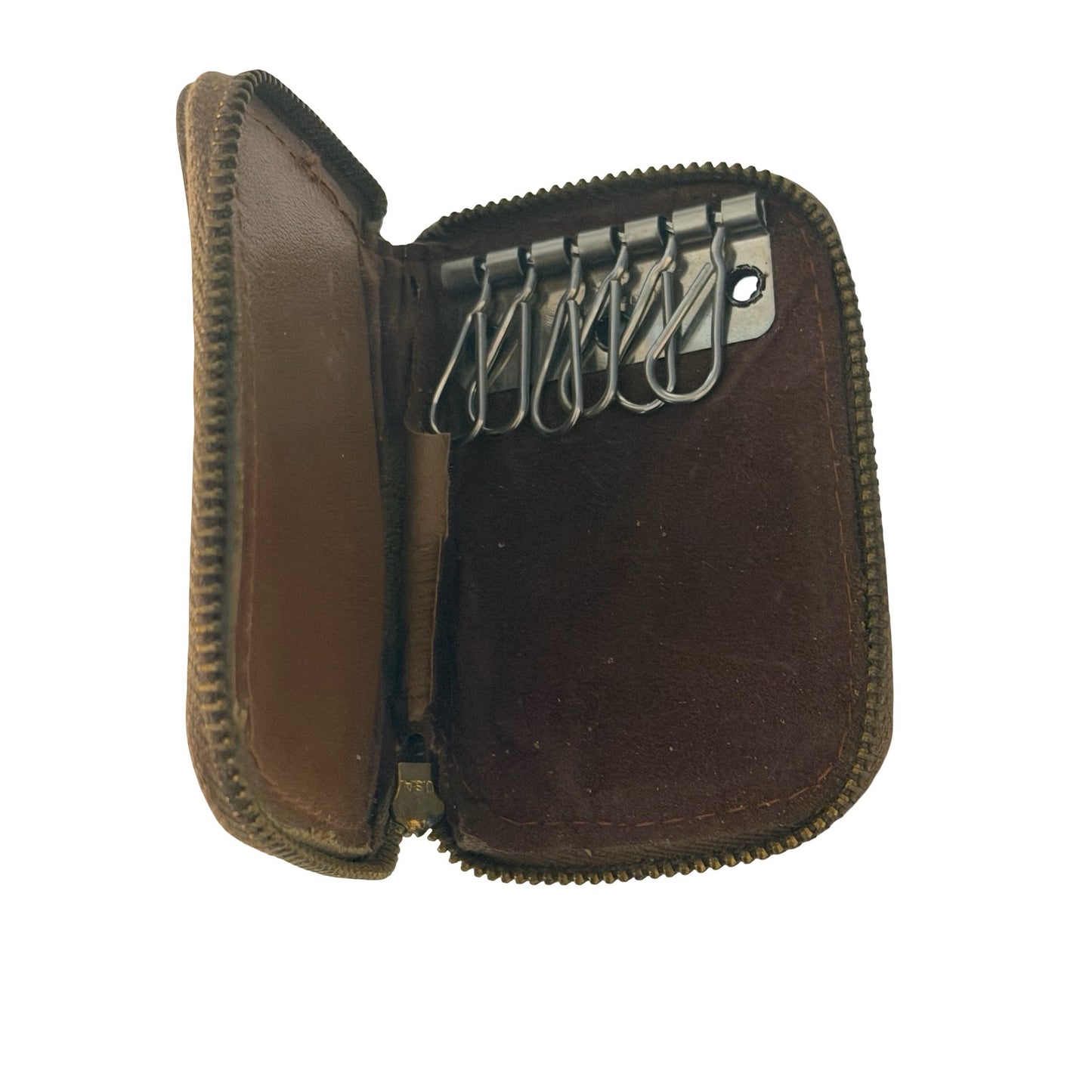 Vintage Genuine Cowhide Leather 6 Hook Key Case Wallet USA Zipper Organizer Brown