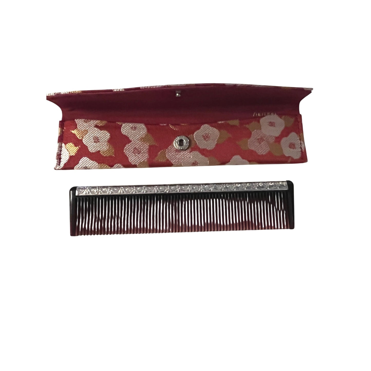 Vintage Shiseido Comb Set Floral Case Red Celluloid Metal Accent Hair Comb Japan