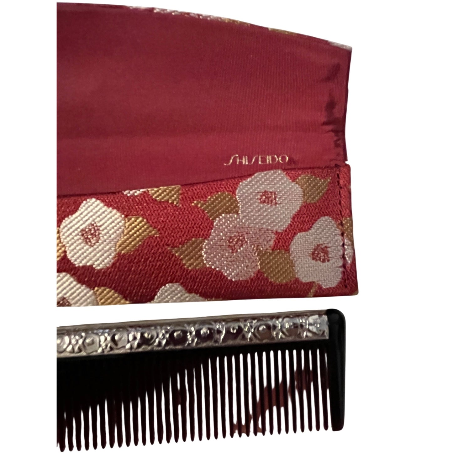 Vintage Shiseido Comb Set Floral Case Red Celluloid Metal Accent Hair Comb Japan