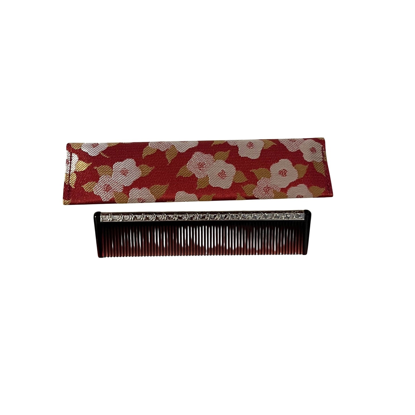 Vintage Shiseido Comb Set Floral Case Red Celluloid Metal Accent Hair Comb Japan