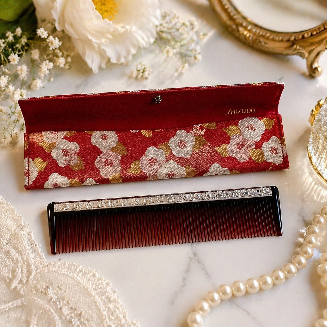 Vintage Shiseido Comb Set Floral Case Red Celluloid Metal Accent Hair Comb Japan