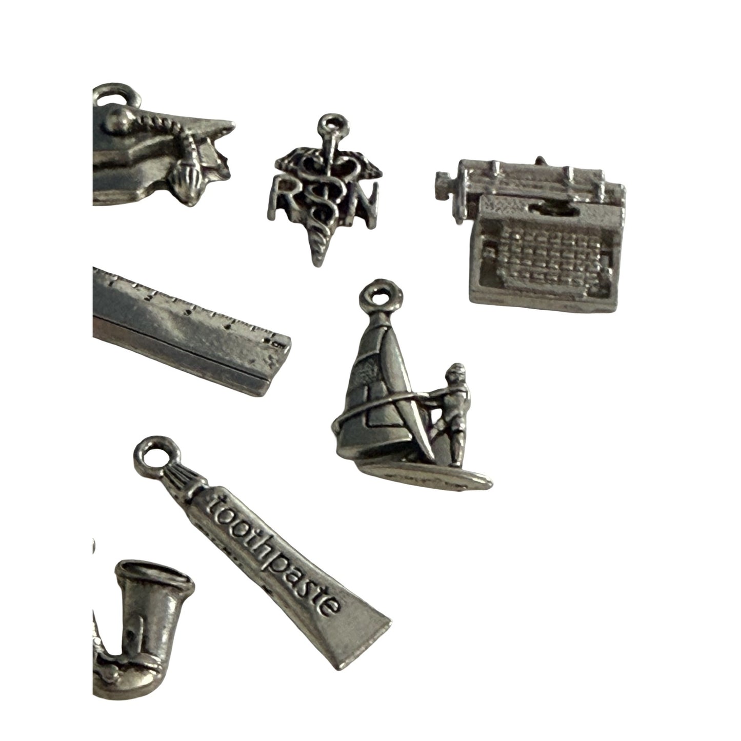Silver Tone Mixed Hobby Career School Charm Lot of 9 Football Sailboat Saxophone