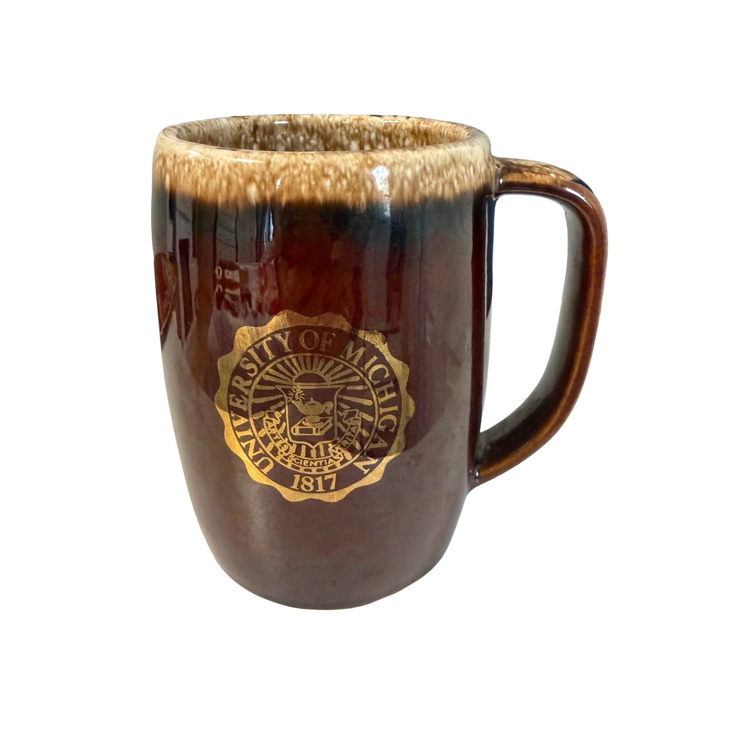 University of Michigan 1817 Brown Drip Glaze Oven Proof Stoneware Coffee Mug Gold Seal 5"