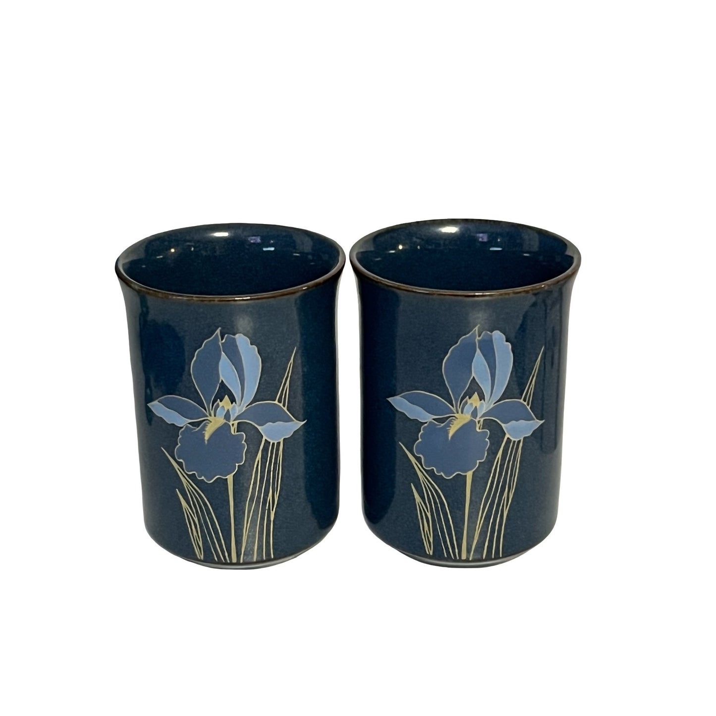 Vintage Otagiri Japan Blue Iris Tumblers Set of 2 Stoneware Cups Floral Drinkware