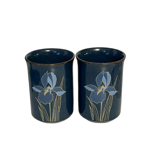Vintage Otagiri Japan Blue Iris Tumblers Set of 2 Stoneware Cups Floral Drinkware