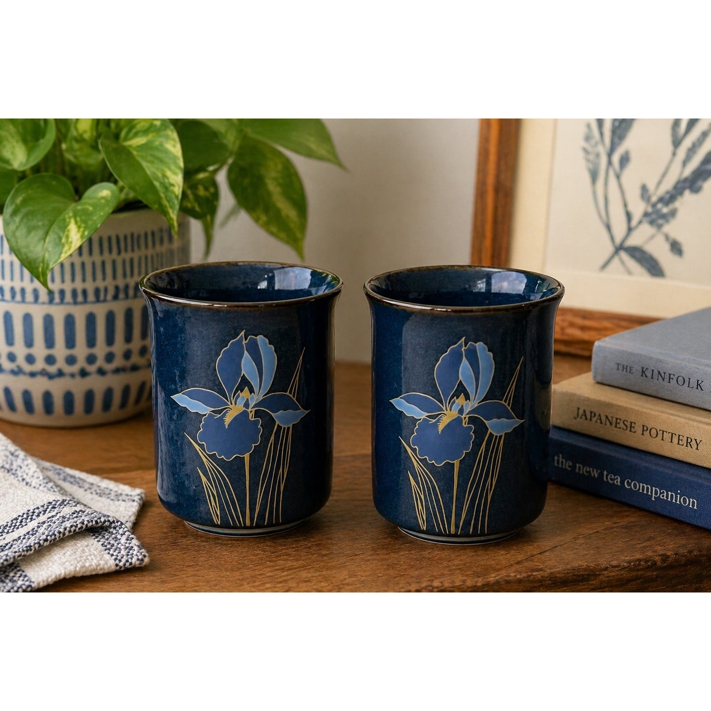 Vintage Otagiri Japan Blue Iris Tumblers Set of 2 Stoneware Cups Floral Drinkware